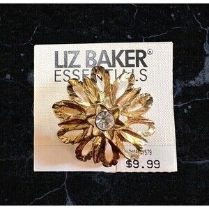 Golden Liz Baker Essentials Flower Brooch w/ Rhinestone‎ Elegant Vintage Jewelry